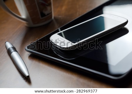 Business Background With Tablet, Handy, Pencil & Coffee