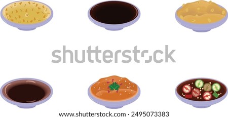 The Chinese dips sauce with bowl-Plum, Black Sweet Soy Sauce , Soy Bean Paste, sour(soy)sauce, Traditional Sukiyaki Sauce, Black Sweet Soy with pickled chili