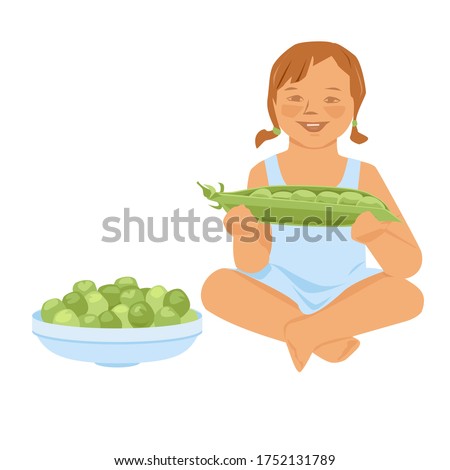 Little girl with a pea pod. Near a plate with peas. Vector illustration. Isolated on a white background.