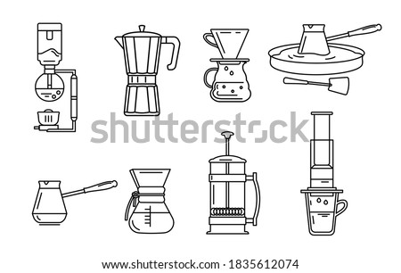 A set of accessories for brewing coffee. Siphon, French press, pour over, geyser coffee maker, aeropress, Turkish cezve in the sand.Set of vector outline icons.