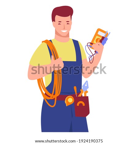 Working electrician with tools. Wires, tester in hands. Vector illustration in flat cartoon style. Isolated on a white background.