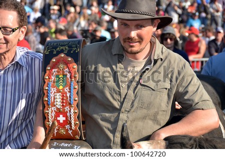 LEYTRON, SWITZERLAND - MARCH 25: First prize for Dora owned by Deletroz at the the cow fighting championships. March 25, 2012 in Leytron, Switzerland