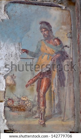 POMPEII, ITALY - MAY 26:  Ancient roman fresco of the roman god of fertility and lust Priapus : May  26, 2013 in Pompeii, Italy