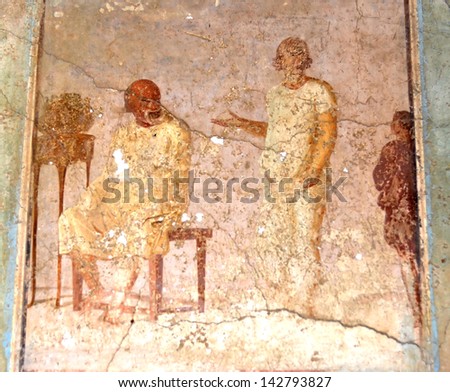 POMPEII, ITALY - MAY 26:  Ancient roman fresco of  a young person being introduced to an elderly person: May  26, 2013 in Pompeii, Italy