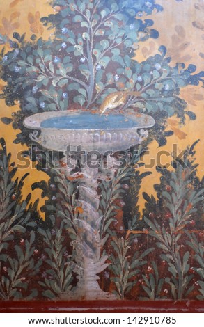 NAPLES, ITALY - MAY 27:  Ancient roman fresco of a garden scene with bird drinking from water feature in the Villa Oplontis: May  27, 2013 in Naples, Italy