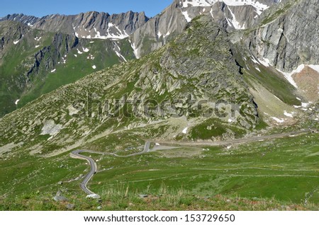 The road leading to the high alpine pass, the Grand St Bernard, linking Italy to Switzerland