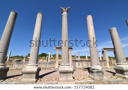 Line of ancient greek columns, the central one holding a corinthian capital.  In the background doorways and lintels. From the ruins of Perge
