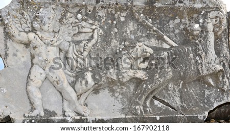 Byzantine marble sculpture of an angel hunting wild sheep with the help of a hunting dog