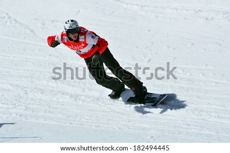 VEYSONNAZ, SWITZERLAND - MARCH 11: Stian SIVERTZEN (NOR) competing  in the Snowboard Cross World Cup: March 11, 2014 in Veysonnaz, Switzerland
