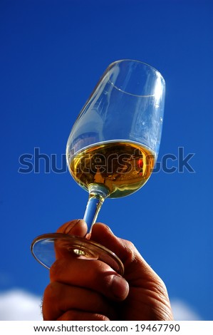 A swiss wine producer holds a glass of heavy desert wine up against a clear blue sky