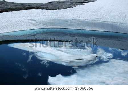 Snow in lake in the Bernese Alps (Switzerland).  A large piece of ice has broken loose from the shore and is floating in the middle of the lake.