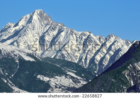 Swiss Alps. The imposing summit of the Bietschhorn in the Bernese Alps with a fresh covering of snow.