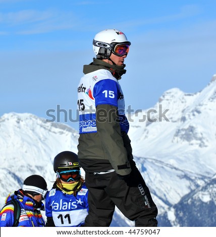 VEYSONNAZ, SWITZERLAND - JANUARY 15:  FIS World Championship Snowboard Cross finals. Alberto Schiavon runner up.  January 15 in Veysonnaz, Switzerland