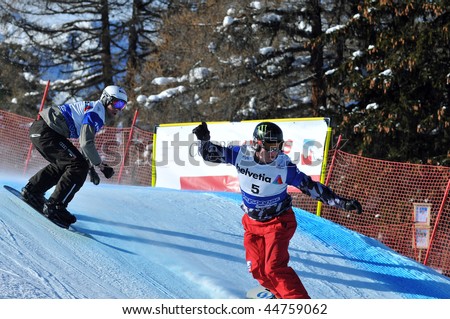 VEYSONNAZ, SWITZERLAND - JANUARY 15: World championship Snowboard cross  finals. Finalist Nate Holland. January 15 in Veysonnaz, Switzerland.
