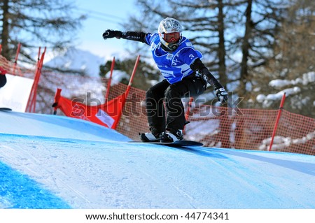 VEYSONNAZ, SWITZERLAND - JANUARY 15:  World championship Snowboard cross  finals. Silver medalist Dominique Maltais. January 15 in Veysonnaz, Switzerland.