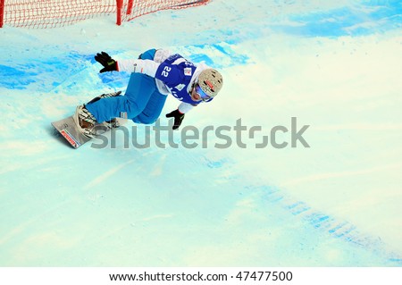 VEYSONNAZ, SWITZERLAND - 15 JANUARY 2010: World championship Snowboard cross  finals. Janary 15 in Veysonnaz, Switzerland.