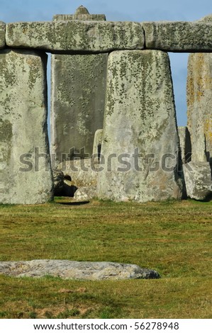 Huge trilithons, part of the standing stone circle at Stonehenge in England at the summer solstice