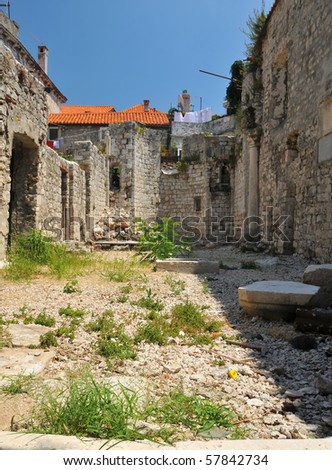 Ruins in the middle of the UNESCO listed world heritage town of Dubrovnik in Croatia, incorporating roman columns.