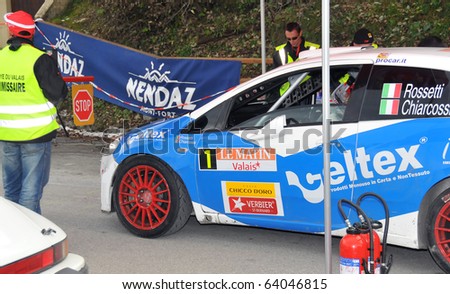 NENDAZ, SWITZERLAND - OCTOBER 30: The  leaders Rossetti and Chiarcossi on Final day of the International Rally of the Valais: October 30, 2010 in Nendaz Switzerland