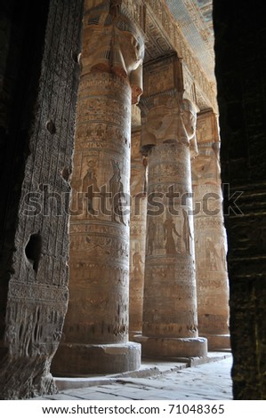 the great hypostyle hall at the ancient Egyptian fertility and love temple of the goddess Hathor at Dendera, in Egypt