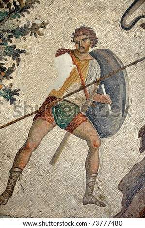 magnificent byzantine mosaic of a warrier with a spear and shield, in the remains of the great palace at constantinople