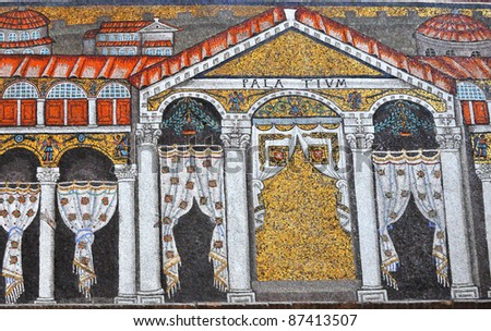 Byzantine UNESCO listed mosaic of a roman palace (Theodoric\'s palatium) from the church of St Apollinare Nuovo in Ravenna. With a ghostly hand or two  showing.