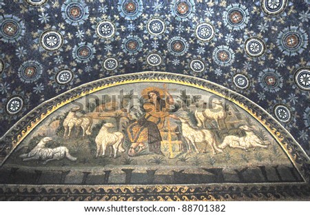 the good shepherd, alegorical UNESCO listed mosaic from the empress Galla Placida's mausoleum, Ravenna, Italy