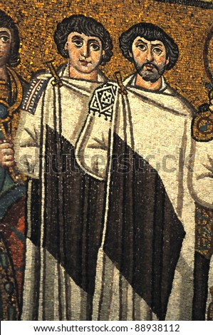 The Byzantine emperor justinian\'s court officials from a UNESCO listed mosaic portrait in the basilica of St Vitalis, Ravenna, Italy