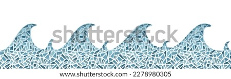 Seamless vector border pattern. Blue clay broken mosaic, tiles waves.