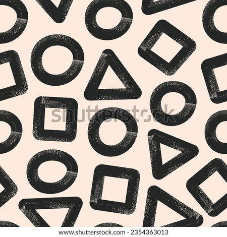 Abstract geometric shapes on beidge background. Black bold inc brush lines. Vector seamless pattern.
