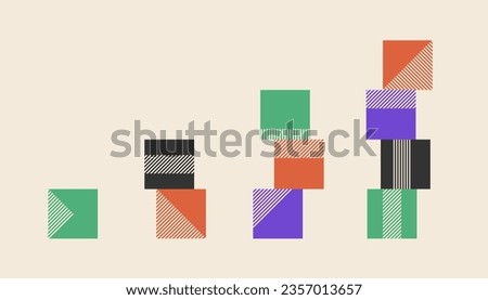 Brutalism style abstract vector cube towers simple set, bright 90 colors. Count figures of 1,2,3,4 for business.
