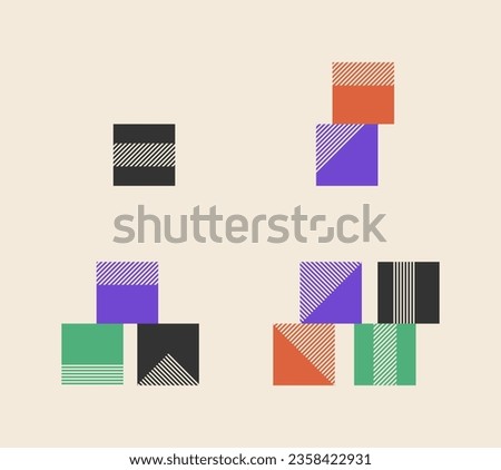 Brutalism style abstract vector cube shapes simple set, bright 90 colors. Count figures of 1,2,3,4 for business.