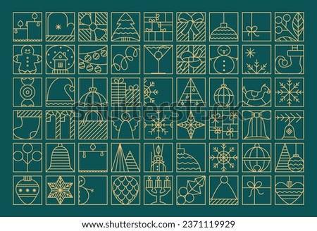 Line Christmas elements for banner, card, background. Elegant vector simple outline icons on green backdrop.