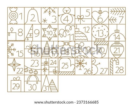 Christmas December Advent Calendar elements with cute line illustrations. Outline grid with snowman, toy, bell icon.