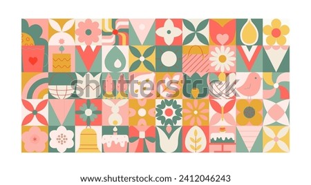 Easter geometric square bright flat banner with bunny, eggs, plants, flowers, cabdle, drop for invitation, card, wall art, background.