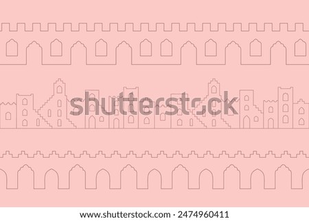 Outline oriental moroccan seamless border. Vector arabic arches, city landscape, windows.