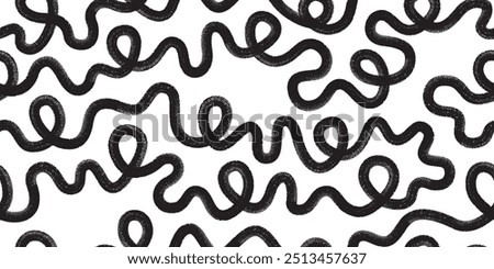 Organic grunge bold lines, squiggles. Black brushing shapes vector seamless pattern. Hand drawn grunge curly swirls, scribbles.