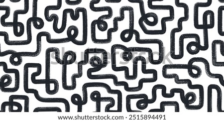 Brush drawn line maze, labyrinth, squiggles seamless pattern. Black bold grunge curved strokes. Abstract geometric background.