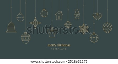 Luxury line Merry Christmas, New Year ball, star, bauble, toy, bell. Simple golden outline vector design for card, invitation, banner, wallpaper, poster template.