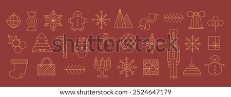 Merry Christmas and New Year, holiday elements icons. Winter holiday simple elements. Abstract modern vector snowflak, gift box, berry, ball, star, bell.