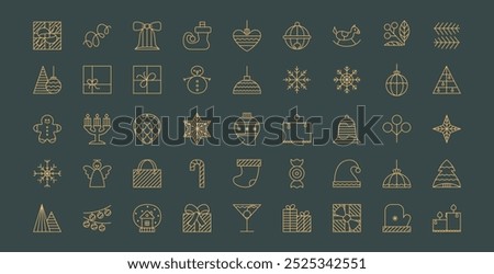 Merry Christmas and New Year holidays elements icons set. Winter holiday simple elements. Abstract modern vector snowflakes, gift box, ball, star.