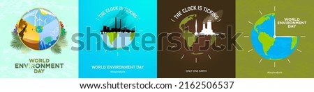 World Environment Day Concept Collection Set. June 5. The clock is ticking concept. Awareness against pollution. Vector Illustration of earth. Paper art style. Only one earth. Sky, sea, and safari. 