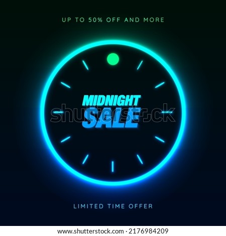 Editable Neon Midnight Sale sign on dark background inside a neon clock with the moon. Up to 50% off and more. Limited time offer. Glowing lines concept. Vector Illustration. EPS 10. 
