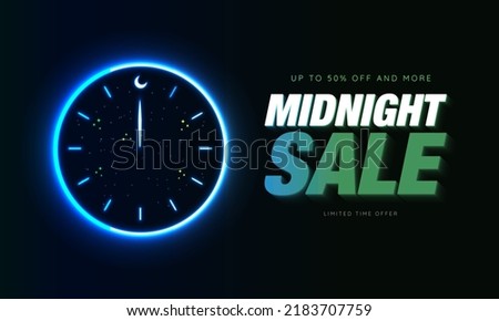 Editable Neon Midnight Sale sign banner on dark background. Neon clock with neon hand on the moon as twelve midnight. Up to 50% off and more. Limited time offer. Vector Illustration. EPS 10.