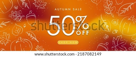 Luxurious Autumn Sale Banner on fluid gradient background in fall colors and framed with hand drawn autumn elements, leaves, maple, acorn, pumpkin. Up to 50% off. Editable Vector Illustration. EPS 10