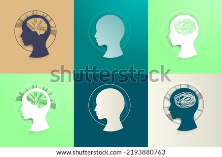 Set of Mental health, intellect, psychiatric icons and logos. Mental health disorder symbolism. Medical logos and icons on colored backgrounds. Minimalist and modern. Editable Vector Illustration. EPS