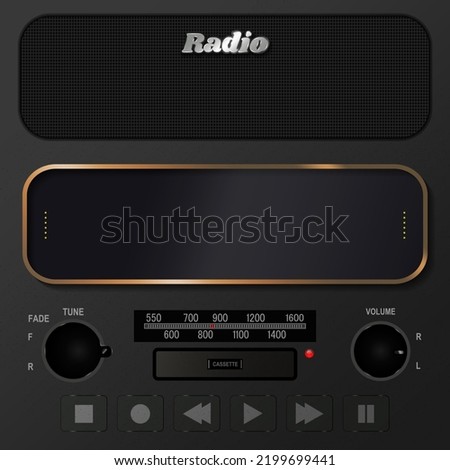 Front of view of a stereo digital radio with empty digital display screen and mesh speaker and radio controls. Multimedia buttons, cassette player slot. Editable Vector Template.