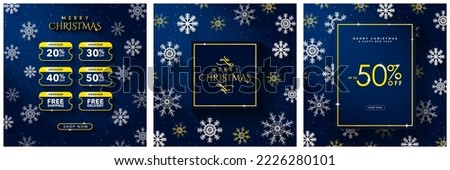 
Set of Gold and Blue Christmas Advertising Poster Templates. Gold Merry Christmas Typography on blue background with 3d  snowflakes. 50% off. Golden price discount and free delivery vouchers. Vector.
