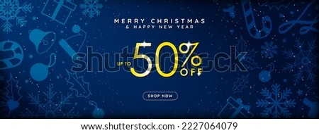 Elegant Christmas Sale Banner with gold Up to 50% off lettering on blue gradient background in framed with hand drawn Christmas elements, snowflakes, presents, snow, candy cane. Vector Illustration. 