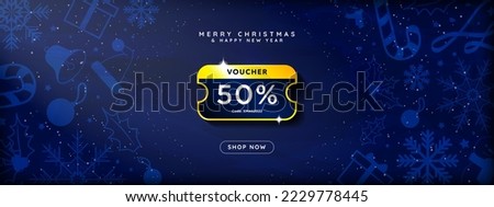 Luxurious Blue and Gold Online Christmas 50% Voucher on dark blue gradient background with decorative christmas elements and Shop Now CTA Button. Pop up coupon with space for code and 50% off.  Vector